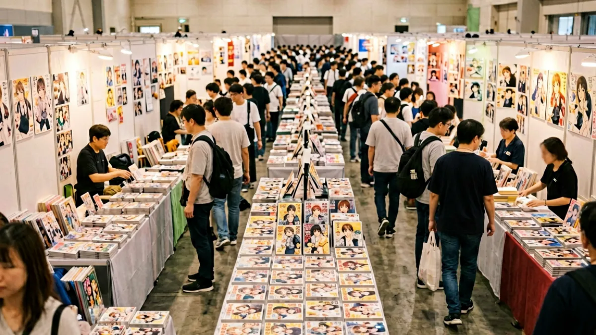 描绘日本动漫同人展场景的示意图，展台摆满各类动漫周边与同人志，人群在走道间穿行浏览