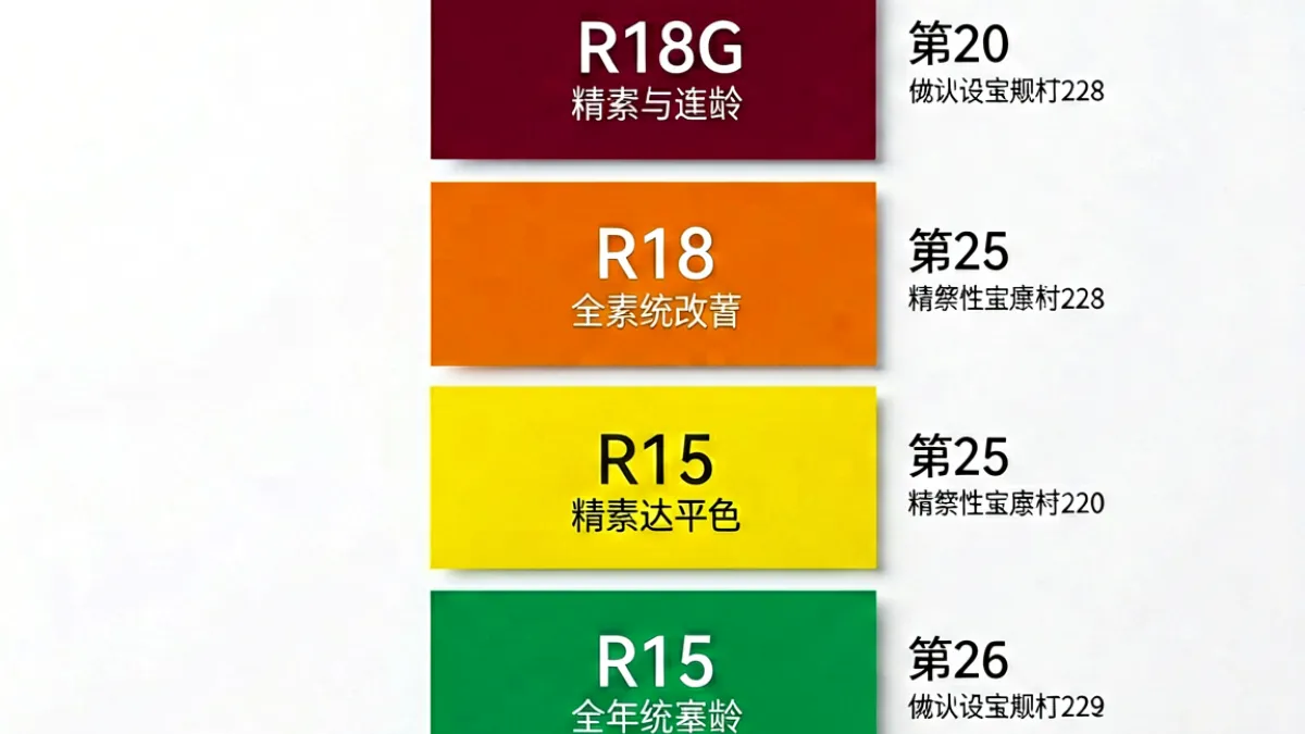 展示动漫内容分级制度的示意图，从全年龄到R18各等级以色块标注，清晰对比适用人群与渠道差异