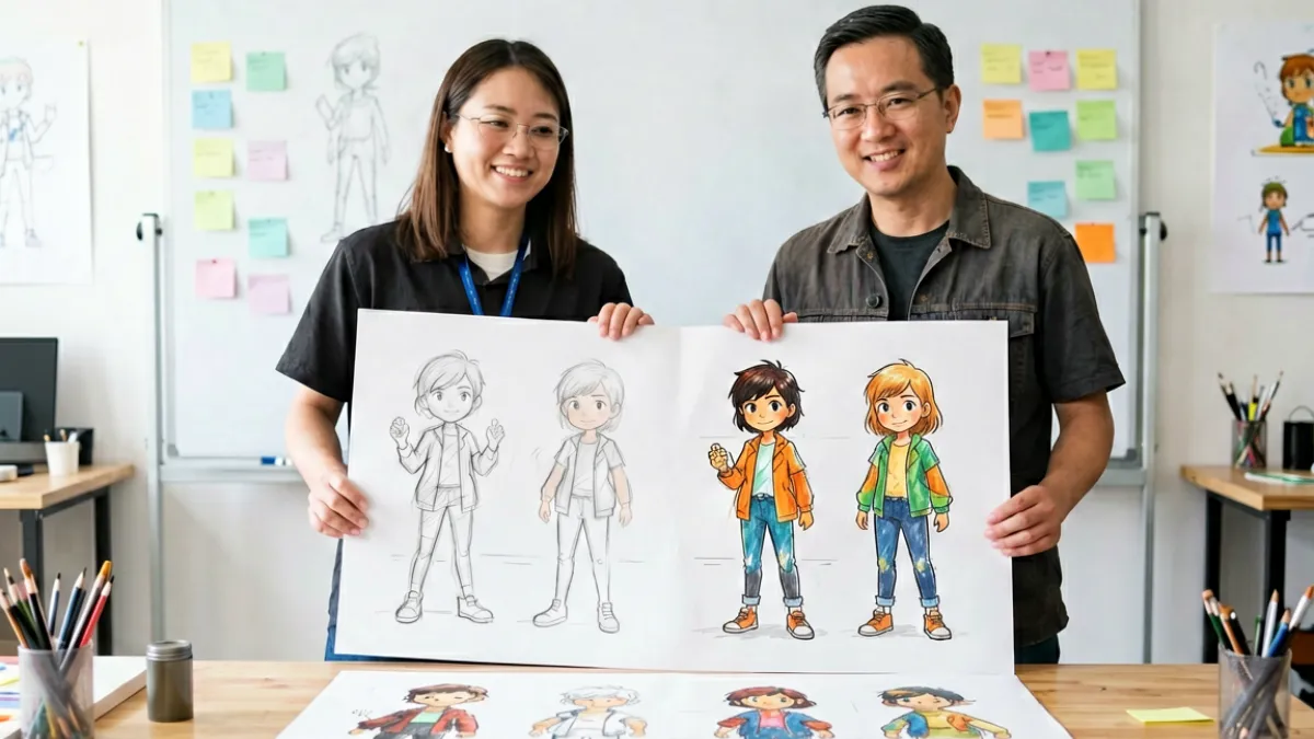 h动漫制作公司公告发布现场，工作人员展示新作角色设定原画稿件的场景