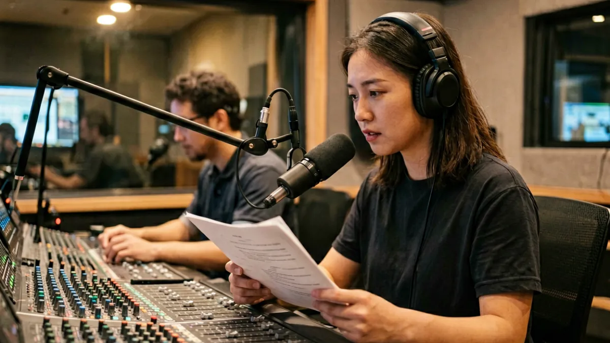 h动漫 - 动漫录音棚内声优正在对着剧本进行配音工作，录音师在隔音玻璃另一侧调整音轨的场景