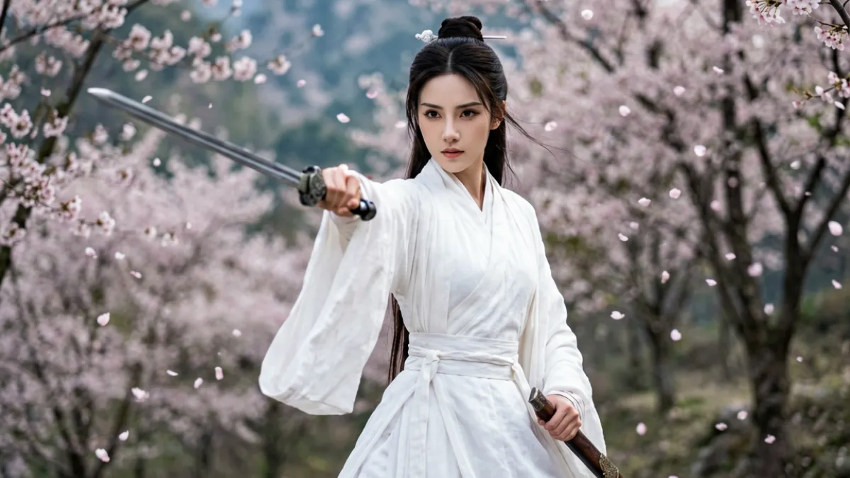 h动漫精选古风武侠场景，女主角手持长剑站立于樱花林中